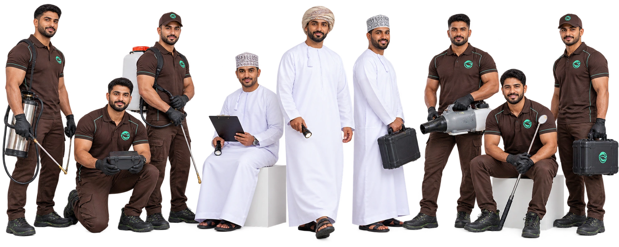 Breeq’s illustrated team: three Omani men in traditional dress surrounded by six pest control technicians with professional tools.